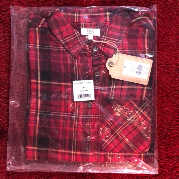 NWT 🥾🌲 TRUE CRAFT 100% COTTON RED/BLACK PLAID BUTTON DOWN SHIRT TOP Women Jr M - Picture 5 of 8
